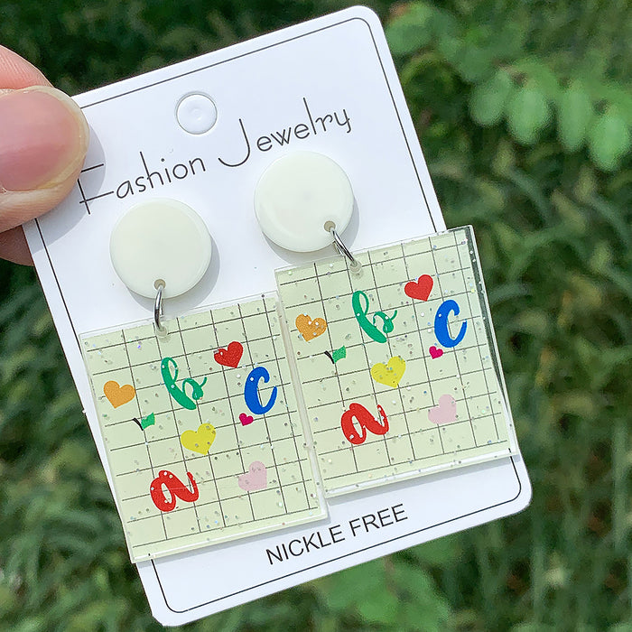 Wholesale Teacher' s Day Pencils,  Apples,  Books,  Cartoon Contrasting Letters Earrings,  Small Fresh Stylish