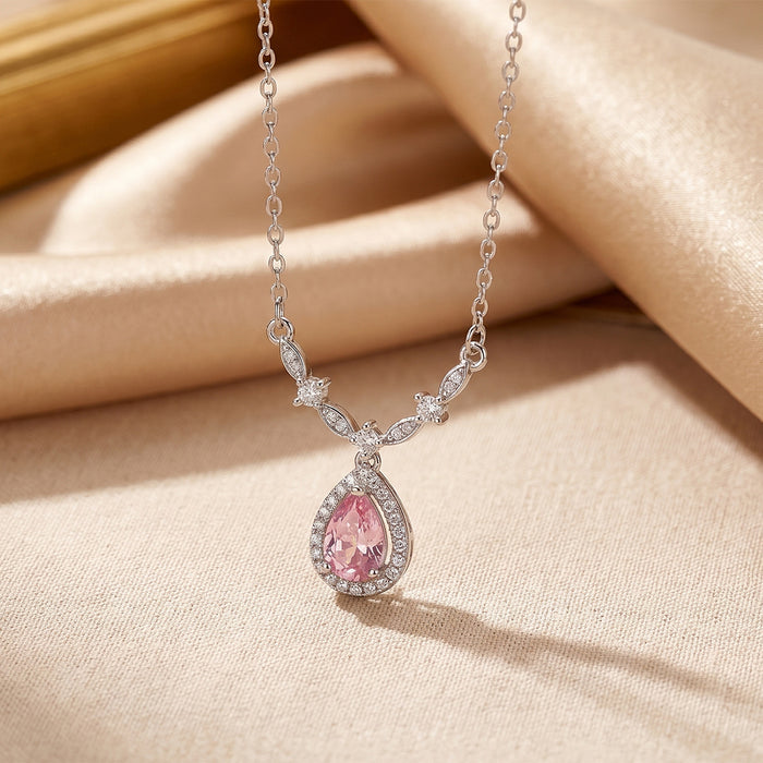 Wholesale Titanium Steel Gold Plated Teardrop Pendant Necklace with Red Cubic Zirconia MOQ≥2
