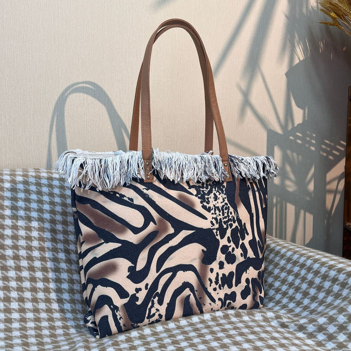 Wholesale New tassel leopard print shoulder bag, large capacity, versatile, fashionable with zipper bag, beach bag, women's tote bag