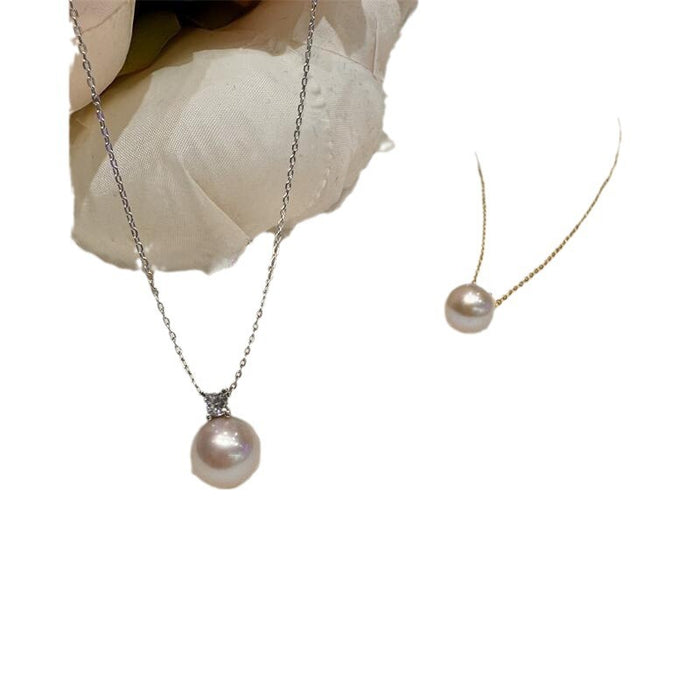 Wholesale   Pearl Necklace  Freshwater Sealless Pearl Round Bead  Pendant S925 Sterling Silver Premium Delicate Necklace