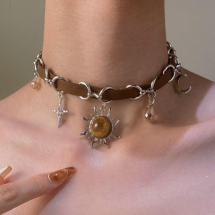 Wholesale  choker necklace brown leather necklace female niche Sun double-layer clavicle chain