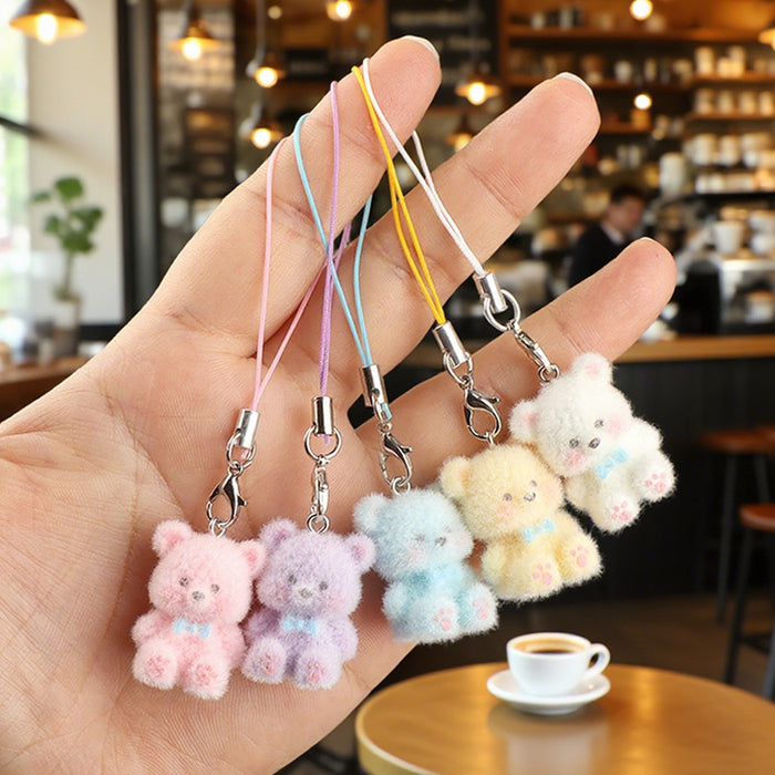 Wholesale Resin flocked colorful 3D bear phone charm,  cute and creative cartoon keychain