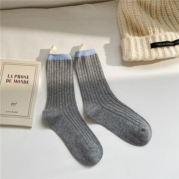 Wholesale Color blocking fabric standard socks, college style versatile pile socks, trendy cotton socks