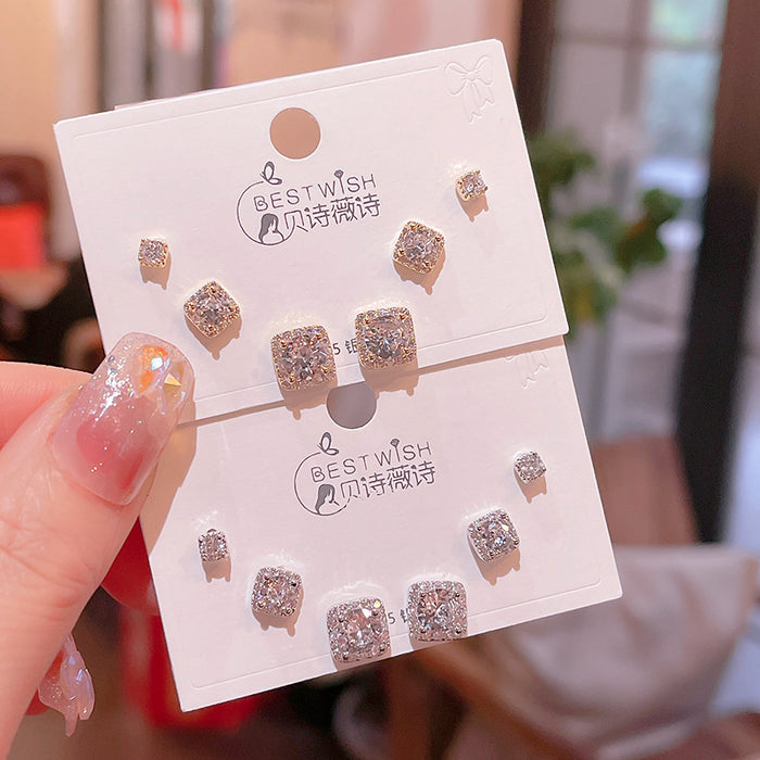 Wholesale six-piece/set New Square zircon small earrings women's silver needle earrings