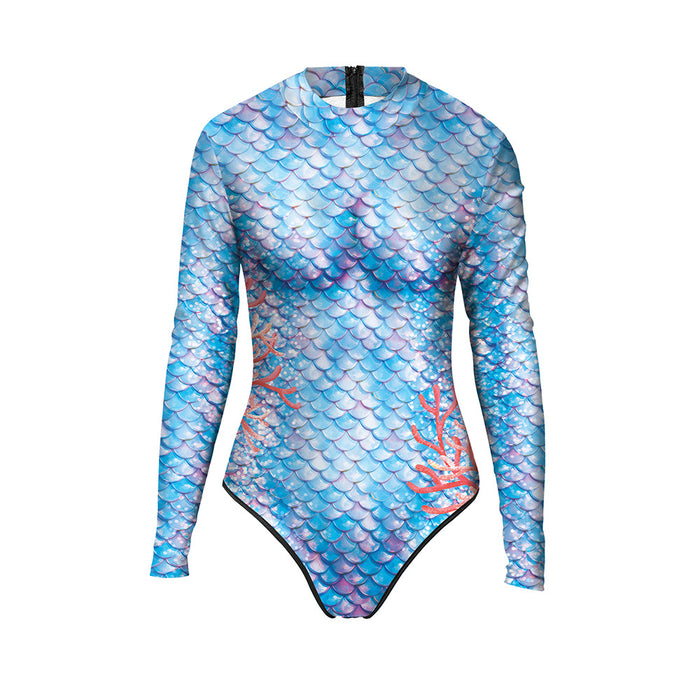 Wholesale Swimsuit digital printed fish scale long sleeved one-piece swimsuit