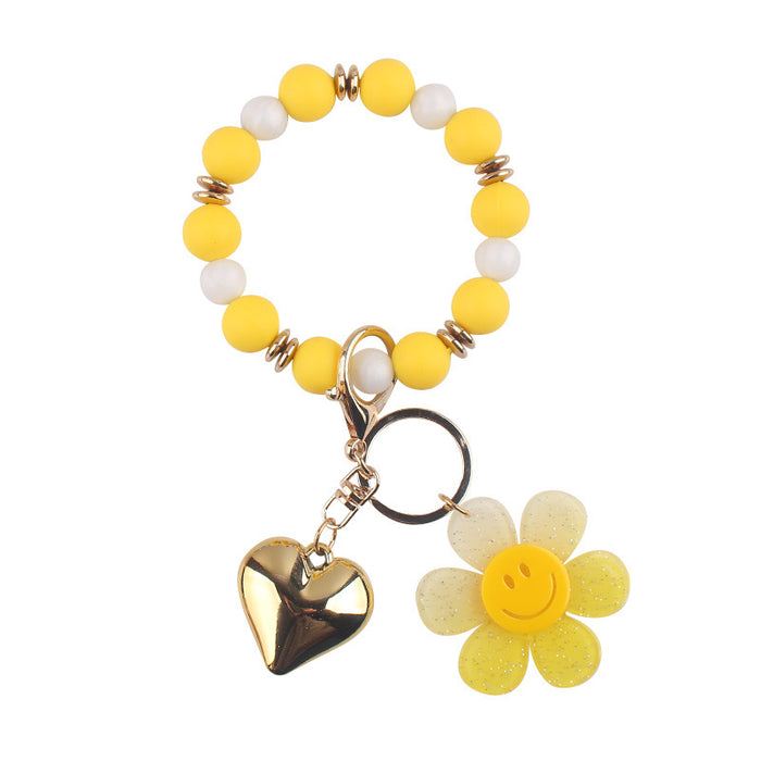 Wholesale Creative Silicone Beads Bracelet Keychain Cartoon Acrylic Smiley Sunflower Pendant Bracelet Key Ring Jewelry