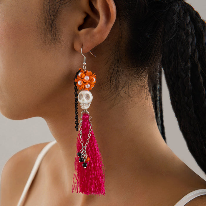 Wholesale  funny fun skull tassel rice beads earrings creative personality rose earrings