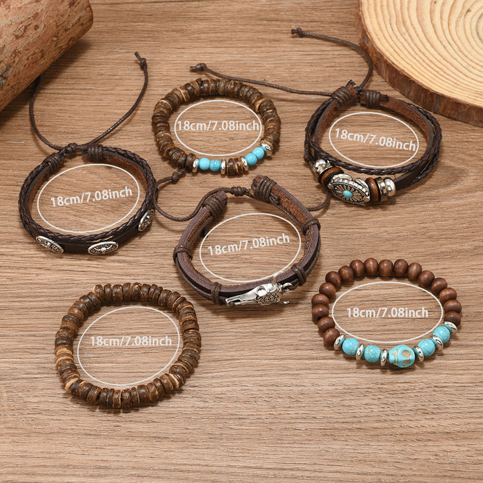 Wholesale Retro Braided Turquoise 6-Piece Leather Bracelet Set