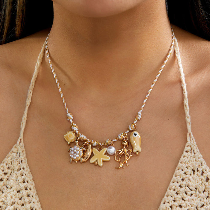 Wholesale Ocean Layered Multi-Color Ceramic Bead Necklace with Seashell and Starfish Charm