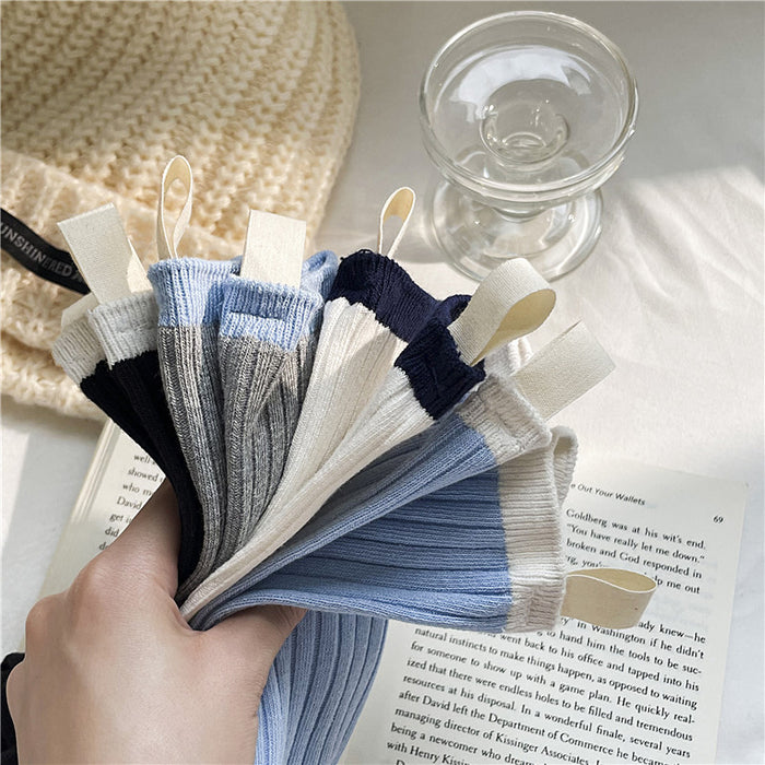 Wholesale Color blocking fabric standard socks, college style versatile pile socks, trendy cotton socks