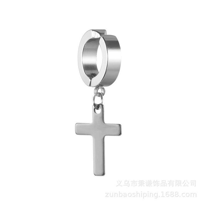 Wholesale Ear clip without ear hole, cross pendant earrings, student titanium steel earrings