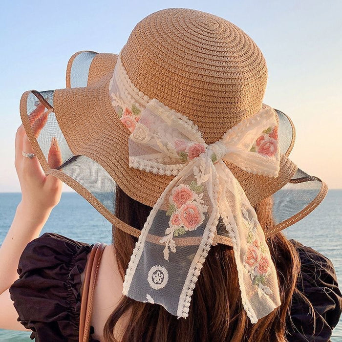 Wholesale Flower ribbon sun hat, sun hat, large brim straw hat