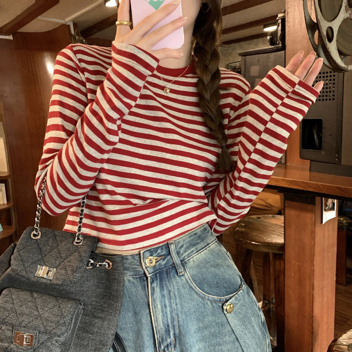 Wholesale Contrast color striped long-sleeved T-shirt women's casual slimming bottoming shirt short top