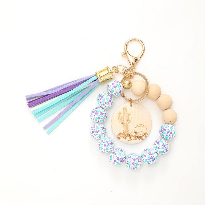Wholesale Colorful Wooden Beads Bracelet Tassel Wood Keychain JDC-KC-RongRui039