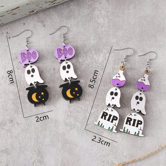 Wholesale  Gothic style cute ghost tassel triple ing earrings wooden double-sided earrings