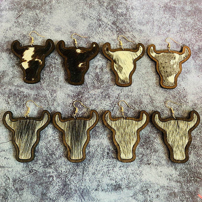Wholesale Retro genuine leather earrings Western cow head leopard print horse hair inlaid wooden earrings