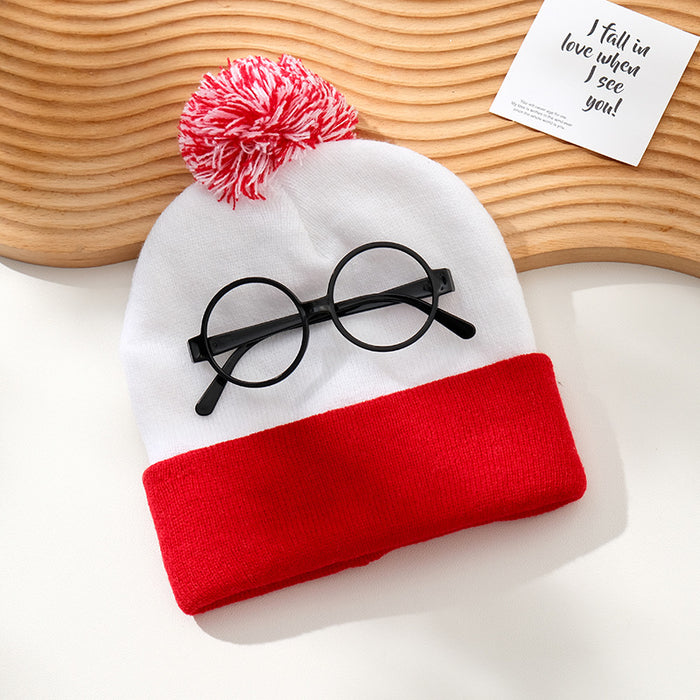 Wholesale  Hat Woolen Christmas Knitted Hat Red and White Christmas Hat Fur Ball Knitted Hat Red and White Hat Glasses