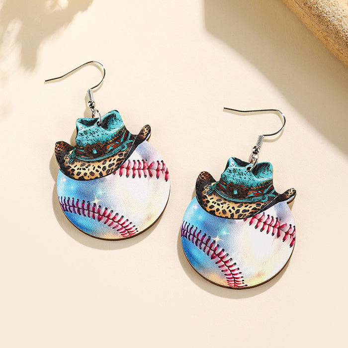 Wholesale Denim Hat Ball Wooden Pendant Earrings Rugby Football Volleyball Earrings Gifts