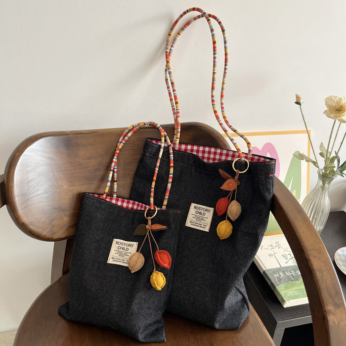 Wholesale Double-sided denim canvas bag, versatile retro contrasting handbag for commuting