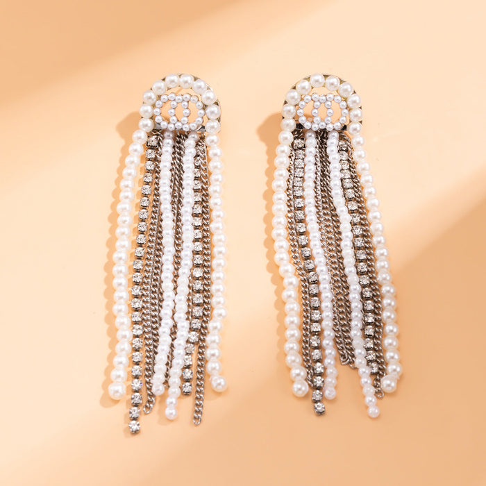 Wholesale Earrings Alloy Imitation Pearl Tassel Chain Rhinestones JDC-ES-XueR002