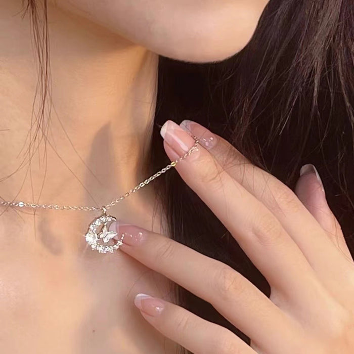 Wholesale Moon sparkling diamond butterfly necklace, fashionable, light luxury, niche accessory temperament, fashionable moon necklace