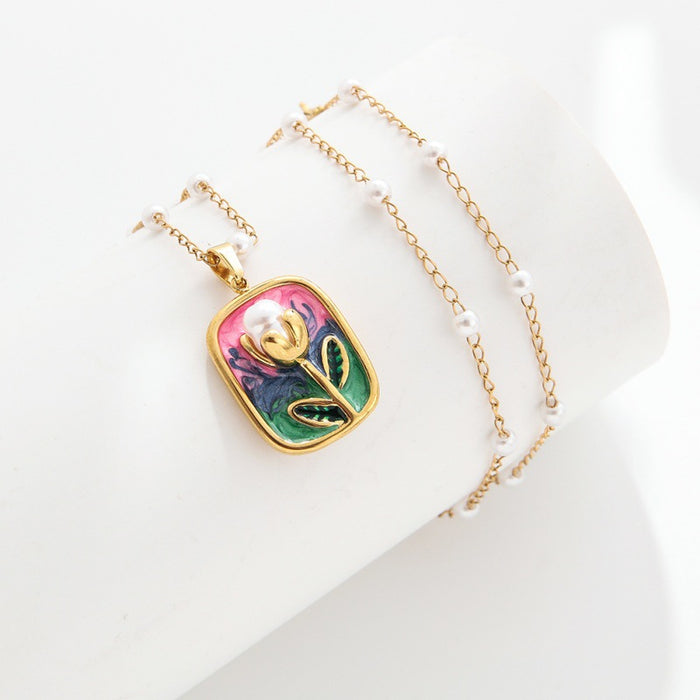 Wholesale Vintage oil painting style necklace for women, versatile and high-end, drip oil flower pendant, collarbone chain accessory