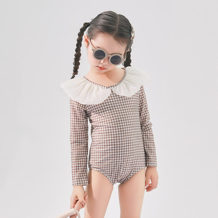 Wholesale Children's Swimsuit Girls Children's Polyester Ruffled Collar Plaid Long Sleeve Sunscreen Swimsuit Hot Spring