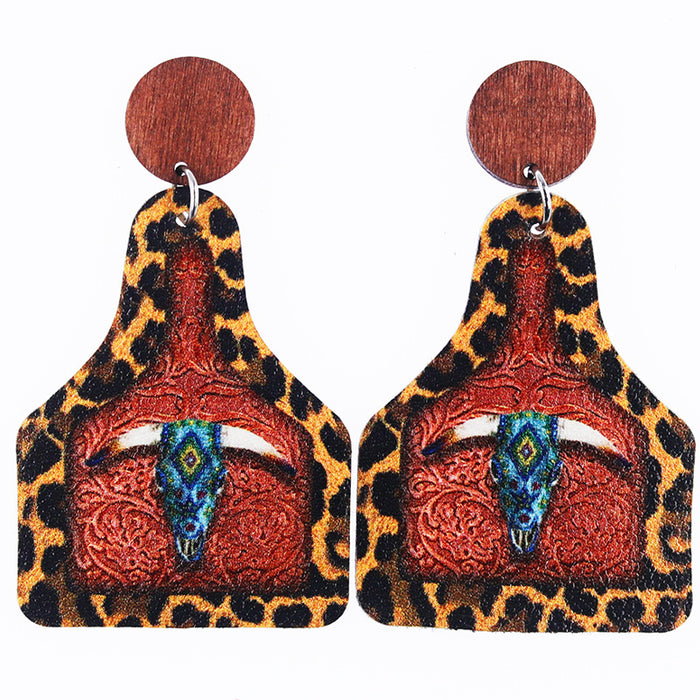 Wholesale Western Old Style Cow Sunflower Leopard Print Leather Bottle Shape Wooden Disc Splicing Earrings