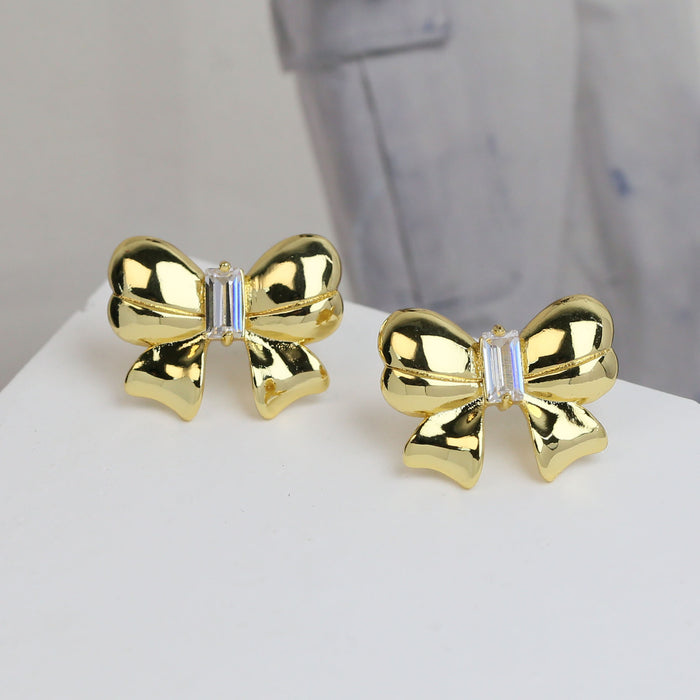 Wholesale 2PCS 18K Gold Brass Zircon Bow Earrings JDC-ES-BaiYi016