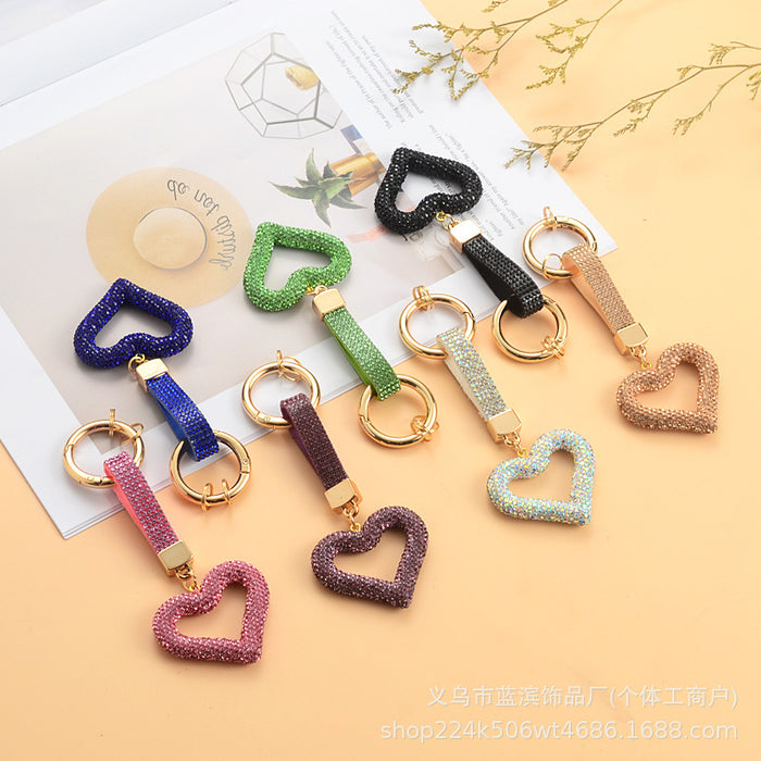 Wholesale Full rhinestone heart keychain with diamond cord hollow heart car pendant