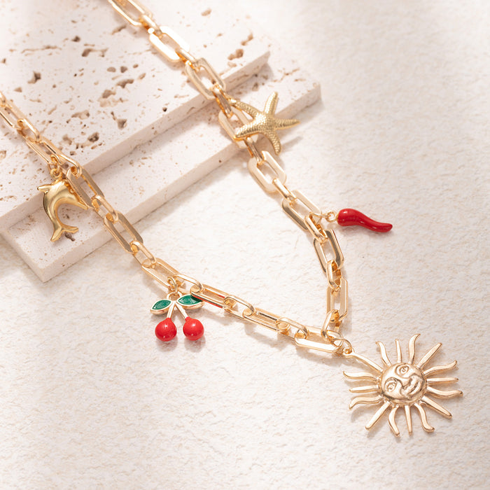 Wholesale Retro Sun Necklace Pendant, niche design, drip oil jewelry