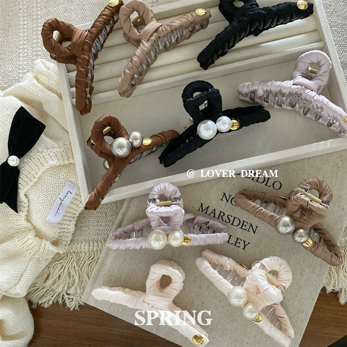 Wholesale Imitation pearl geometric gold label fabric hair clip, shark clip hair accessory