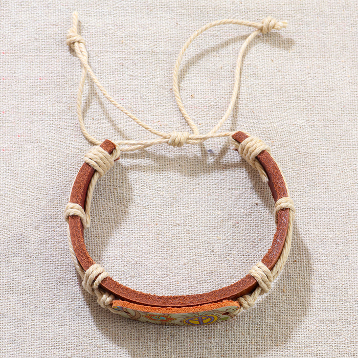 Wholesale Leather Ethnic Style Heat Transfer and Peace Symbol Totem Color Bracelet JDC-BT-QiN018