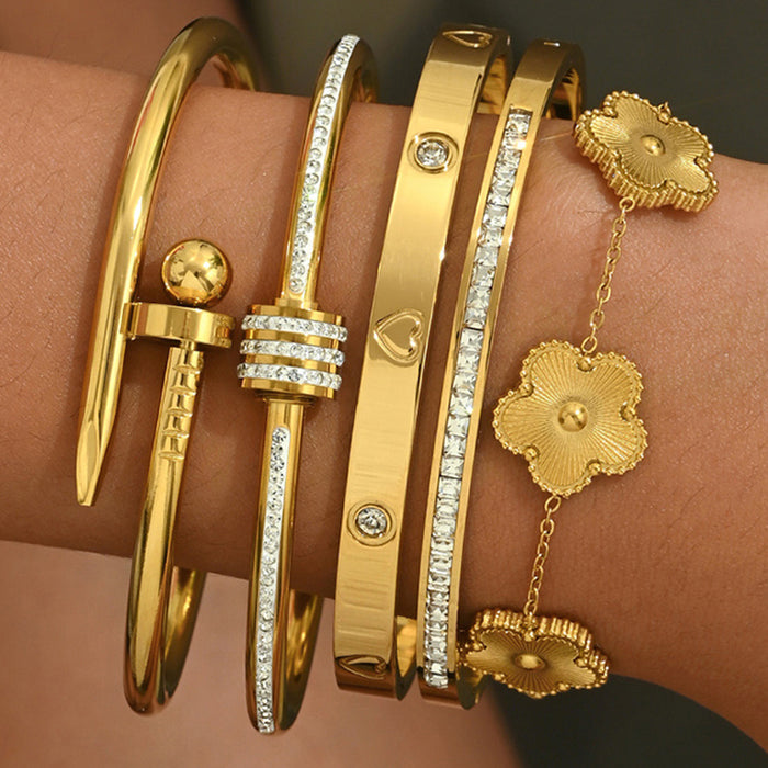 Wholesale Gold Tone Titanium Steel  Bangle Set With Rhinestone Row Trendy Jewelry Accessory For Party Or Everyday Gift