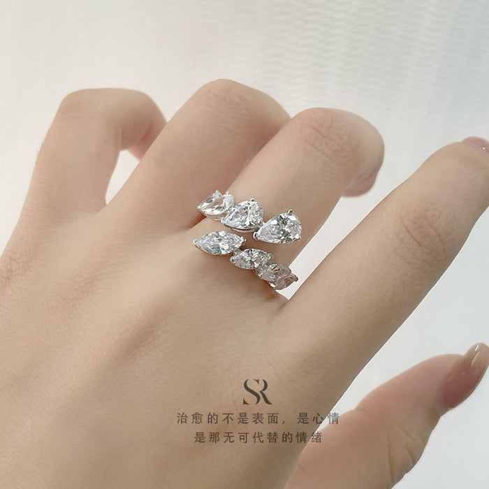 Wholesale Pure silver ring, women's high-end temperament, water droplet horse eye shaped high carbon diamond white lotus oath ring