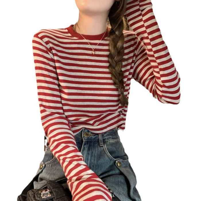 Wholesale Contrast color striped long-sleeved T-shirt women's casual slimming bottoming shirt short top