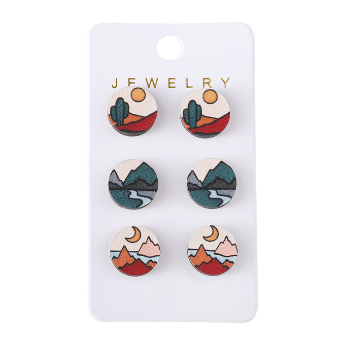 Wholesale Bohemian Abstract Sun Mountains Rivers Simple Scenery Earrings Set Wooden Earrings Gift