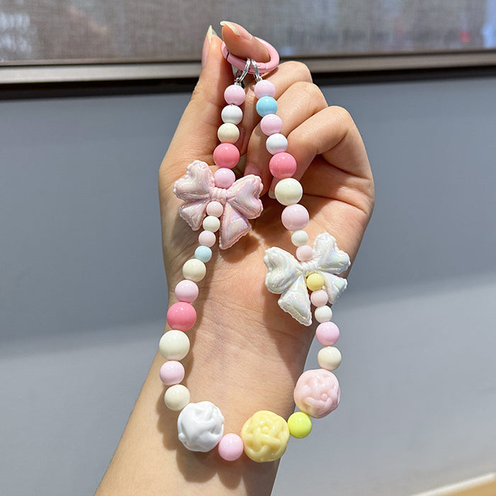 Wholesale Colorful handmade bead key chain exquisite acrylic bow mobile phone chain pendant