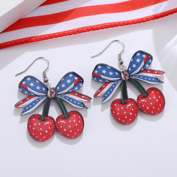 Wholesale Red, white, blue bow, cherry flag pendant earrings, acrylic earrings