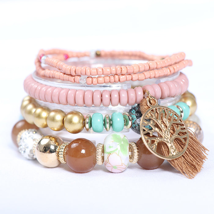 Wholesale Bohemian Tree of Life Tassel Multilayer Rice Bead Bracelet JDC-BT-NHong014