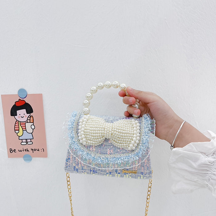 Wholesale Children's Bag Bow Accessories Princess Pearl Handbag Mini Chain Change Shoulder Crossbody Bag