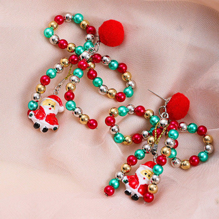 Wholesale Color Beaded Bow Hair Ball Earrings Creative Santa Pendant Christmas Earrings