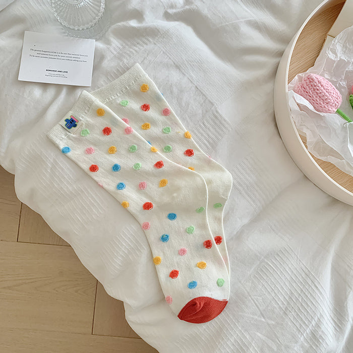 Wholesale Colorful fabric label socks, mid tube socks, polka dot striped sports and casual socks