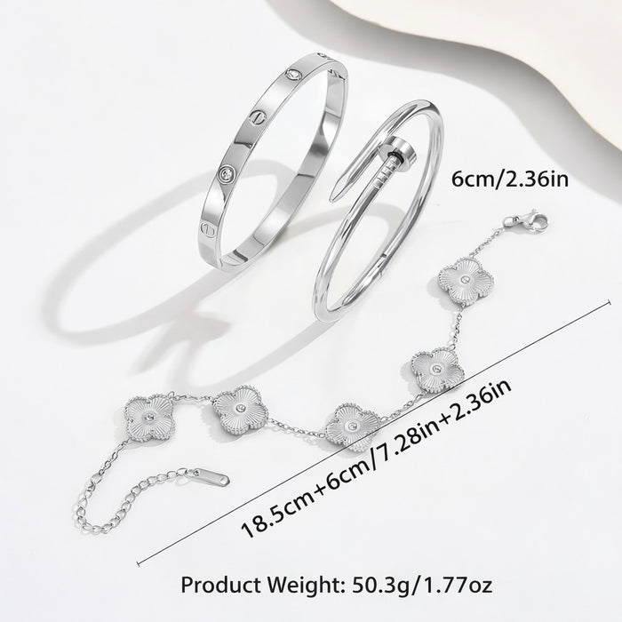 Wholesale Titanium Steel Four Leaf Clover Open Bangle With Crystal Row Stylish Everyday Jewelry Accessory Gift For Women