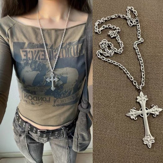 Wholesale Rose Cross Necklace silver Large Cross Carved Necklace Woolen Chain