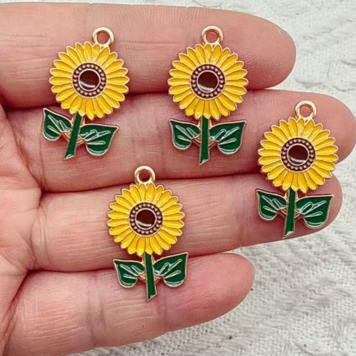 Wholesale 10pcs DIY Alloy Oil Drip Sunflower Bracelet Keychain Pendant