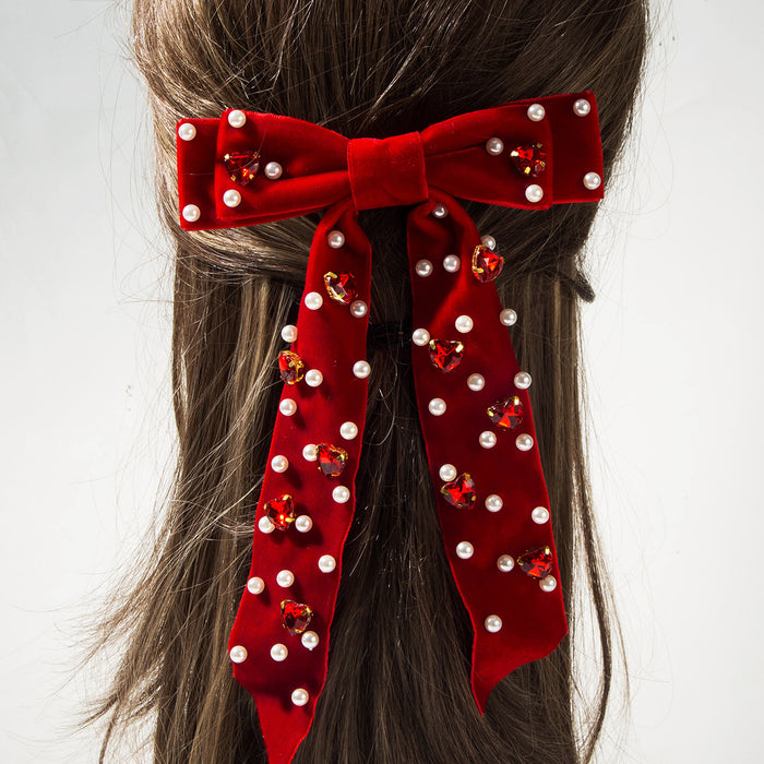 Wholesale Multi-layered bow-embellished heart-shaped rhinestone velvet hair clip
