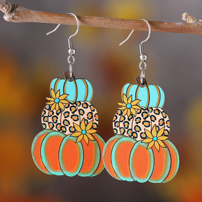 Wholesale Thanksgiving Autumn Harvest Polka Dot Plaid Pumpkin Flower Pendant Earrings Wooden Double-Sided Earrings