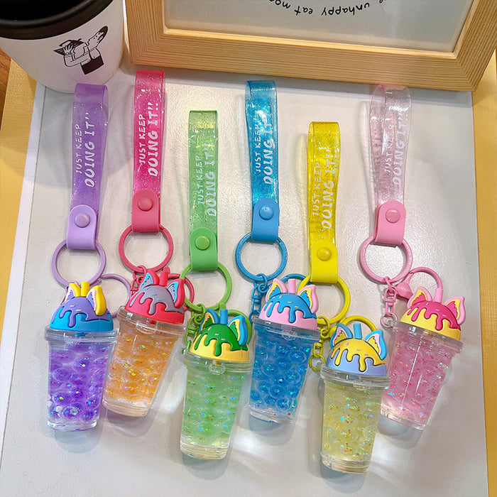 Wholesale Oil-filled bubble bead cat ear milk tea cup keychain
