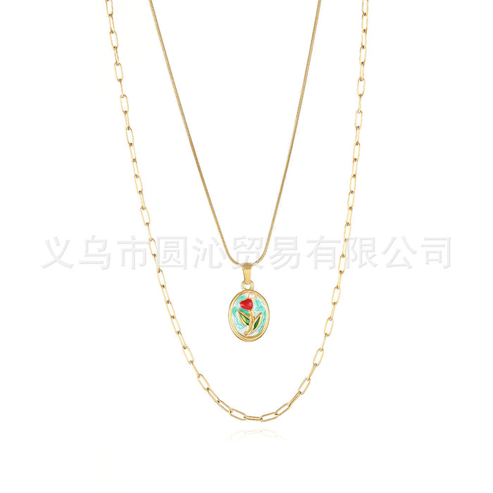 Wholesale Oil Painting Flower Pendant Earrings Necklace Set Versatile Stainless Steel Oil Dripping Double Layer Clavicle Chain